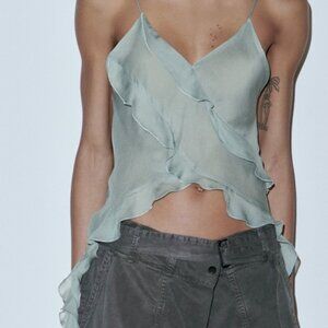 Zara Strappy Semi-Sheer Tank Top Ruffles Green Fairy Womens Size S